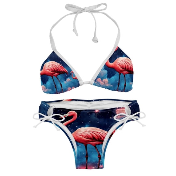 Starry Sky Flamingo Swimsuit Women Bikini Set with Detachable Sponge and Adjustable Strap, Two-Pack, Beach Pool Vacation.