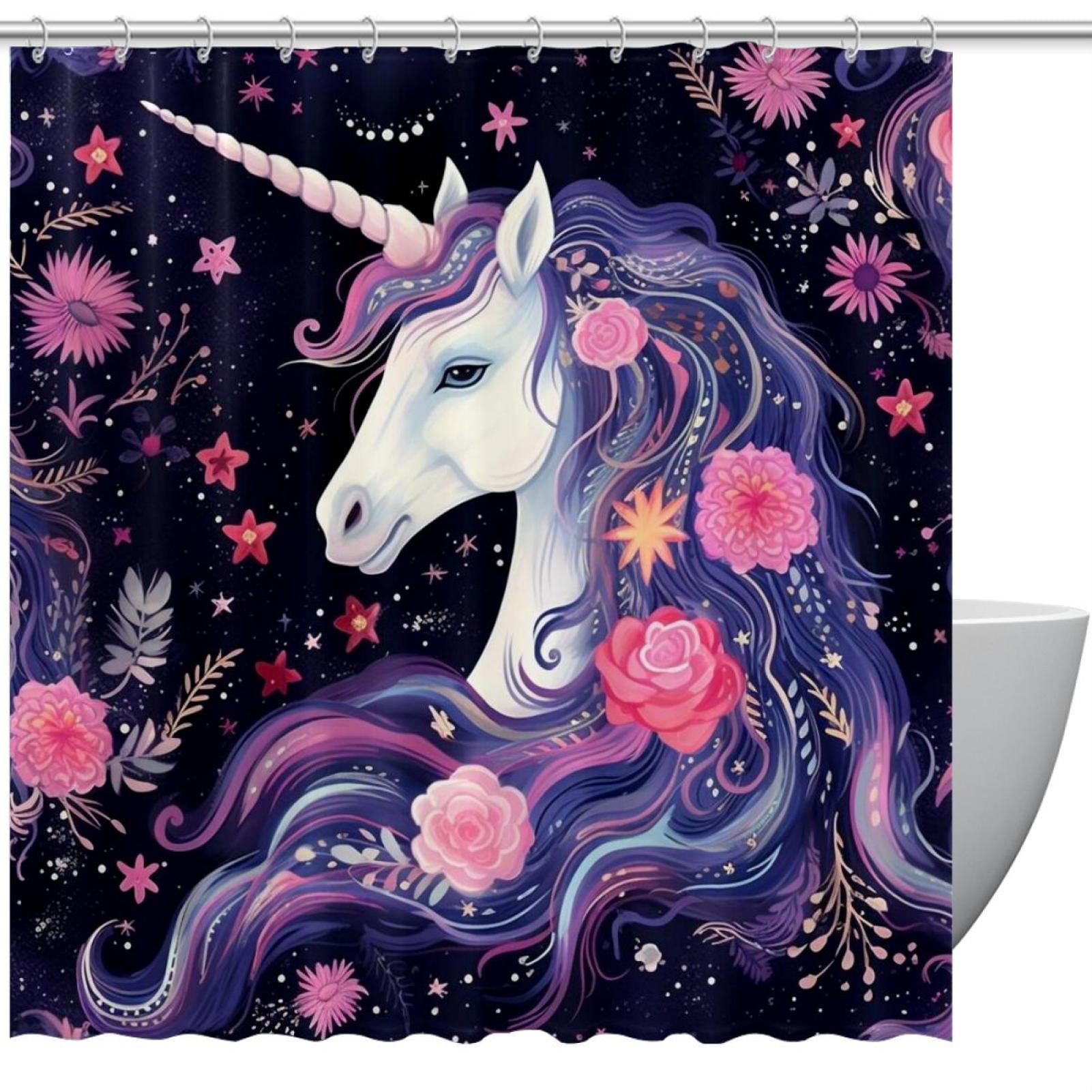 Starry Sky Flower Unicorn Shower Curtain for Bathroom, Aesthetics