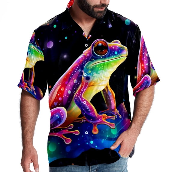 Starry Sky Frog Men's Button Down Spread Collar Casual Printed Short Sleeve Summer Beach Unisex Shirts