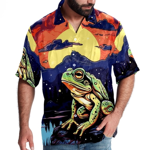 Starry Sky Frog Men's Casual Hawaiian Button Down Short Sleeve Summer Beach Printed Shirt