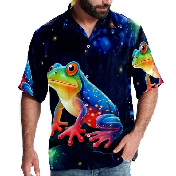 Starry Sky Frog Men's Casual Poplin Button Down Short Sleeve Shirts for Summer Beach - Unisex