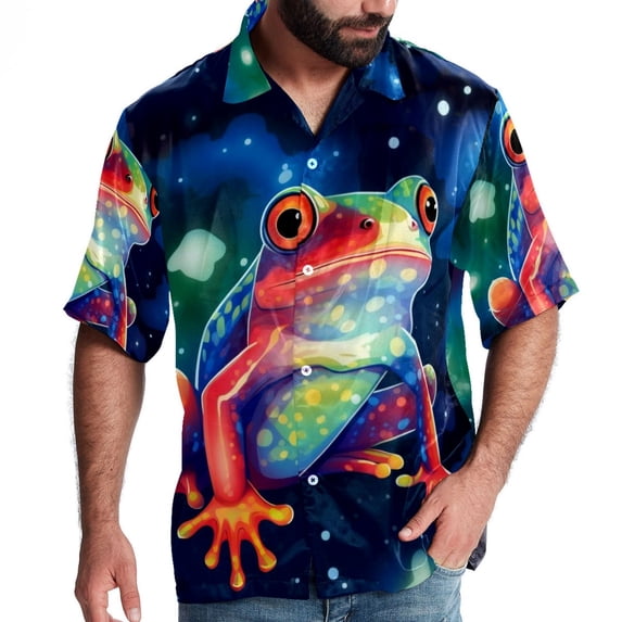 Starry Sky Frog Men's Hawaiian Button Down Short Sleeve Casual Printed Summer Beach Unisex Shirt