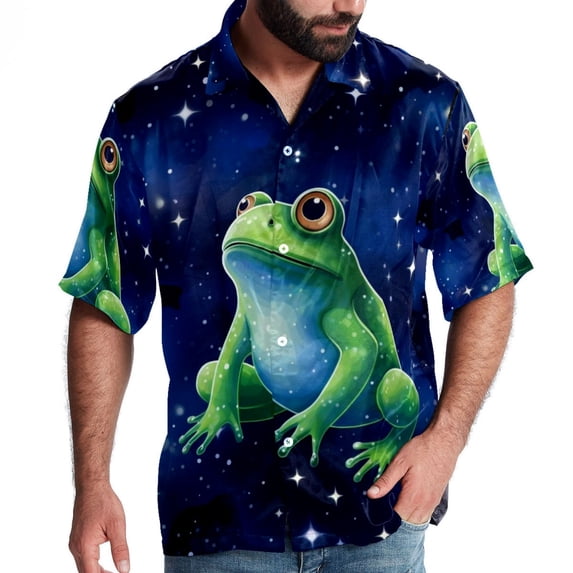 Starry Sky Frog Men's Hawaiian Print Casual Button Down Short Sleeve Summer Beach Shirt - Unisex