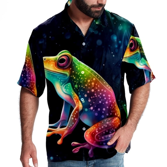 Starry Sky Frog Men's Hawaiian Shirt, Short Sleeve Printed Button Down Beach Casual Tops, Summer Spread Collar Men's Shirts