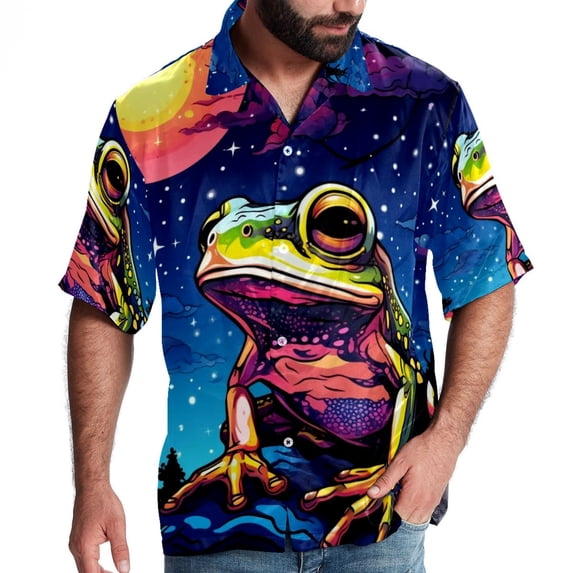 Starry Sky Frog Men's Short Sleeve Beach Shirts, Casual Button Down Poplin Printed Summer Tops - Unisex