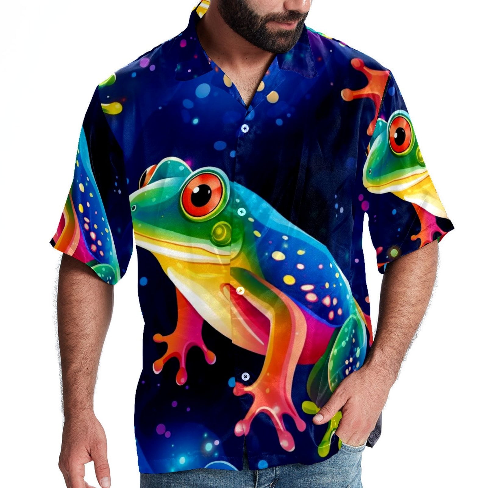 Starry Sky Frog Men's Short Sleeve Beach Shirts, Casual Printed Button