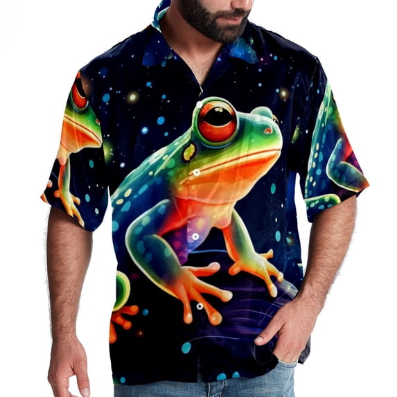 Starry Sky Frog Men's Short Sleeve Printed Button Down Hawaiian Beach Shirts