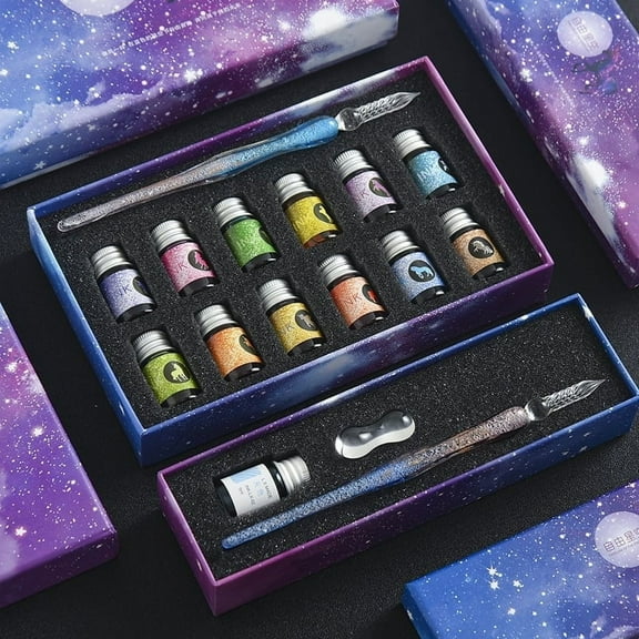 Starry Sky Glass Dip Pen Set with 10ml Ink – Elegant Handcrafted Glass Signature Pen Stationery Gift Set for Writing, Journaling, and Art Birthday Gift
