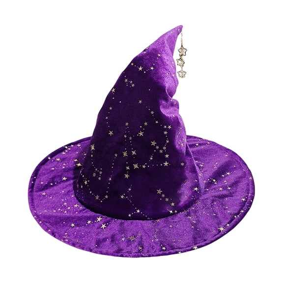 Starry Sky Halloween Witch Hat for Women, Pointed Costume Hat with Stars, Scary Halloween Accessories for Party, Purple