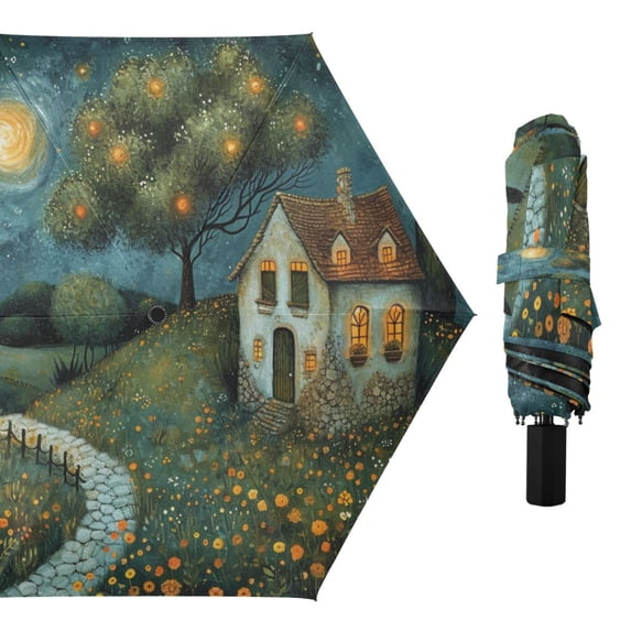 Starry Sky House Tree Moon Compact Sun Umbrella Windproof Travel Umbrellas for Rain Strong Portable UV Protection