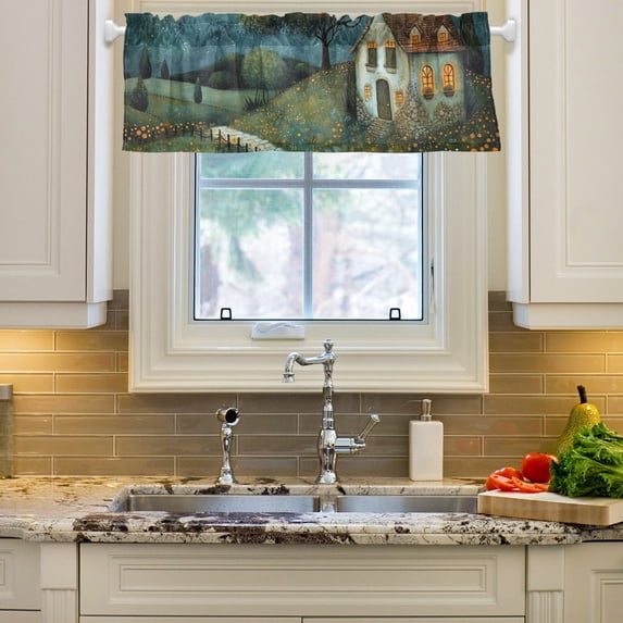 Starry Sky House Trees Gland Curtain Valances Farmhouse Design Window Treatment Decor Blackout Rod Pocket for Windows Living Room Kitchen 54" x 18"