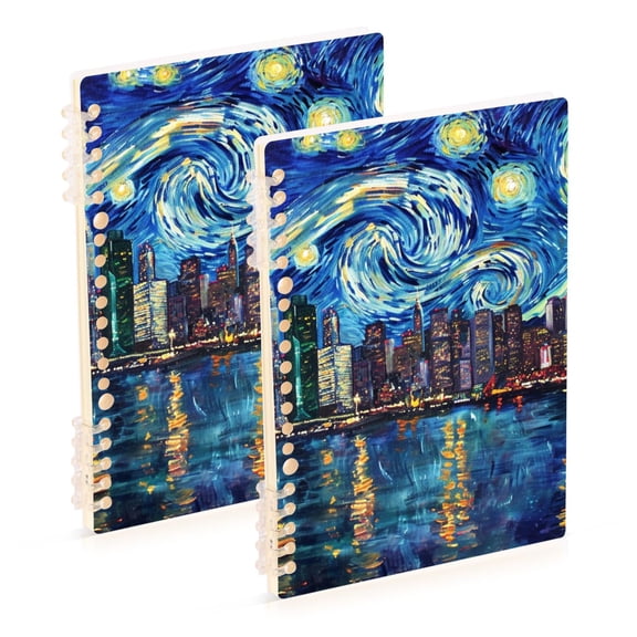 Starry Sky Houses Sea Ring Binder Notebook Journey Note Diary College Ruled Spiral Notebook Study Loose Leaf Paper A5 60 Pages