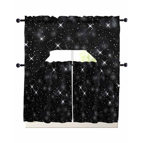Starry Sky Kitchen Curtains Set for Windows 3 Piece Cafe Curtains 36 Inch Length Swag Curtains Valances and Tier Set Modern Black Abstract Dots Stars Aesthetic Drapes for Bedroom Bathroom Living Room
