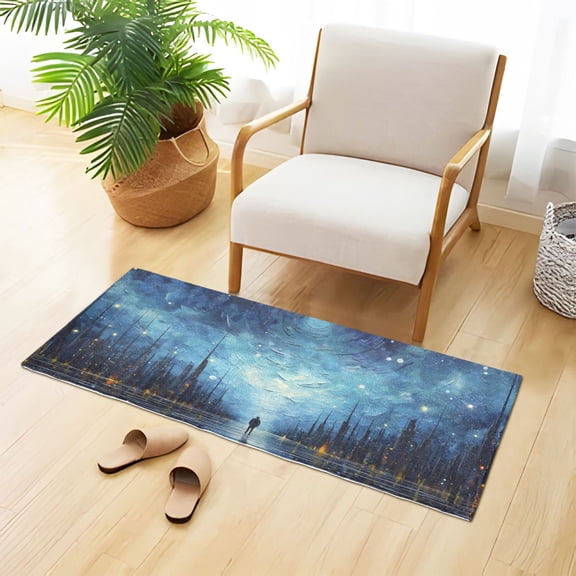Starry Sky Lake and Trees Bathroom Rug Non Slip Bathroom Mats Entry Door Soft Carpets for Kitchen Bedroom Living Room 39x20 inch