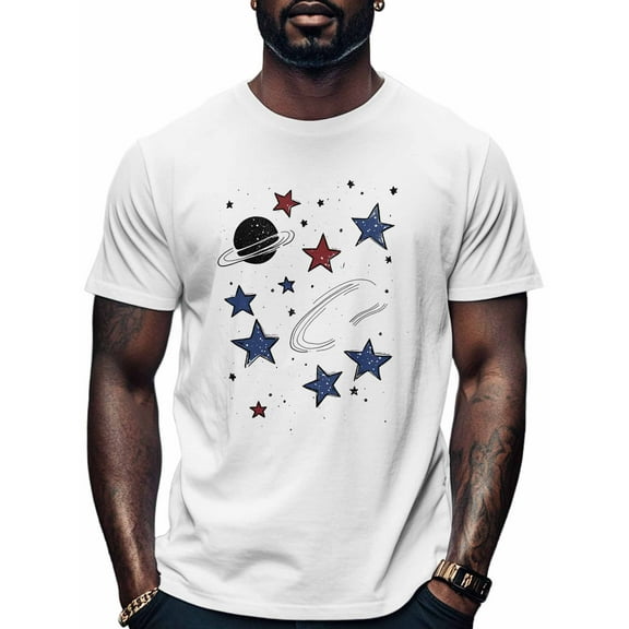 Starry Sky Men's T Shirts Universe T-Shirt for Men Stars Crew Neck Tees Cotton Tops, White, M