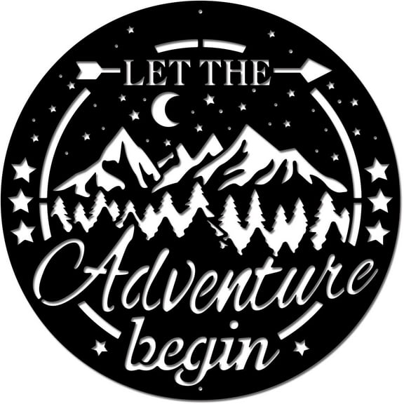 Starry Sky Metal Wall Art Mountain Forest Wall Decor Metal Sculpture Let The Adventure Begin Metal Ornament Wall Hanging Sign for Picnic Outing Garden Home Indoor Outdoor Decoration