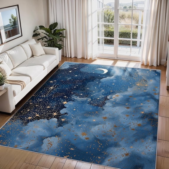 Starry Sky Moon Cloud Area Rugs, Blue Celestial Galaxy Carpet, Washable Non Slip Low Pile Soft Rug for Living Room Bedroom Home Office Decor Mat 2x3ft