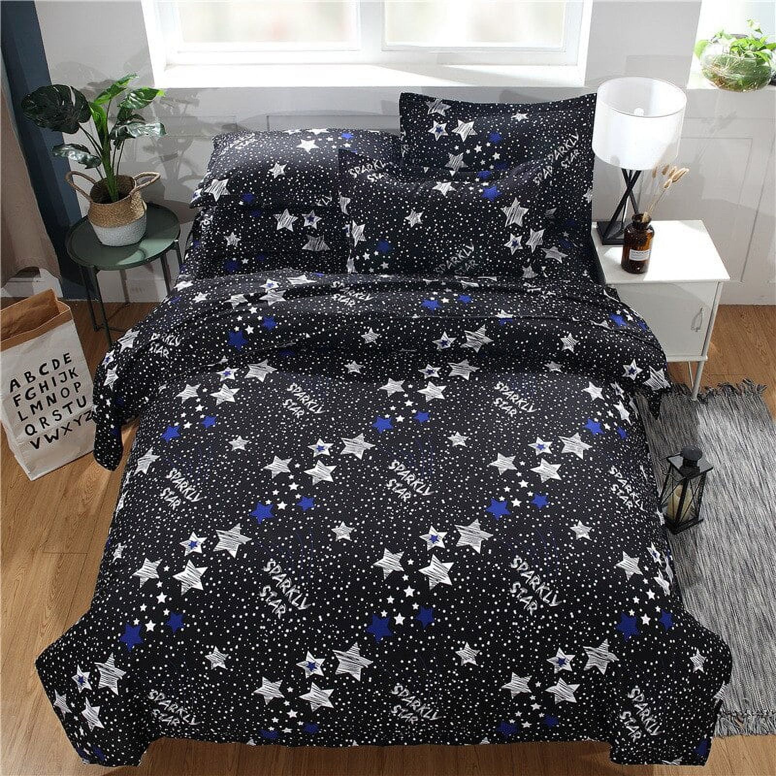 Starry Sky Night Duvet Cover Set Full Size Cute Star Bedding Sets Black ...