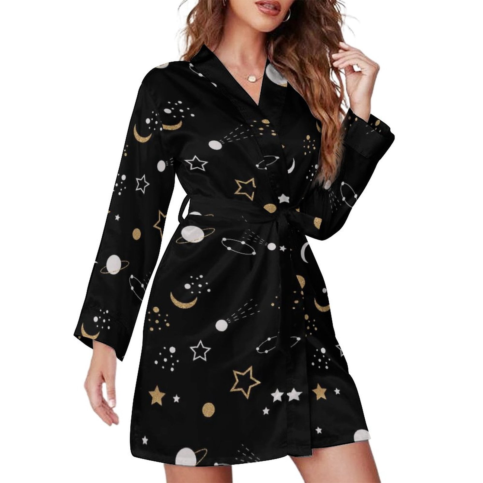 Night Time Robe Starry Sky Night Robe Long Sleeve V Neck Robe With Belt Women's ...