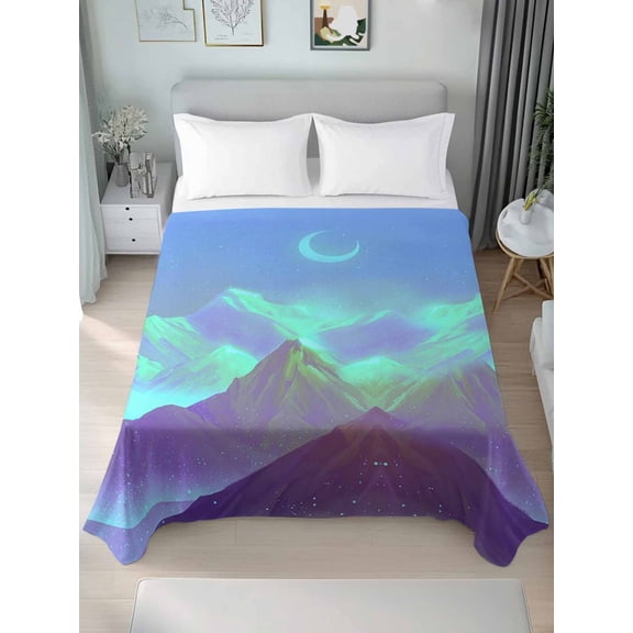 Starry Sky Ombre Mountains Twim Size Flat Sheet, Wrinkleproof & Fadeproof Cooling Flat Bed Sheet Only, Fantasy Blue Purple Ombre Breathable Soft Bedding Top Sheets 66 x 96 Inches
