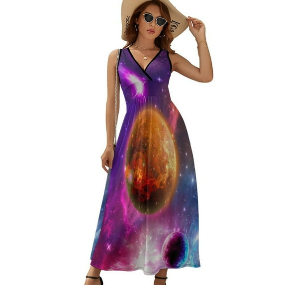 Starry Sky Planet Dress Summer Street Style Bohemia Long Dresses Female Sleeveless Printed Maxi Dress