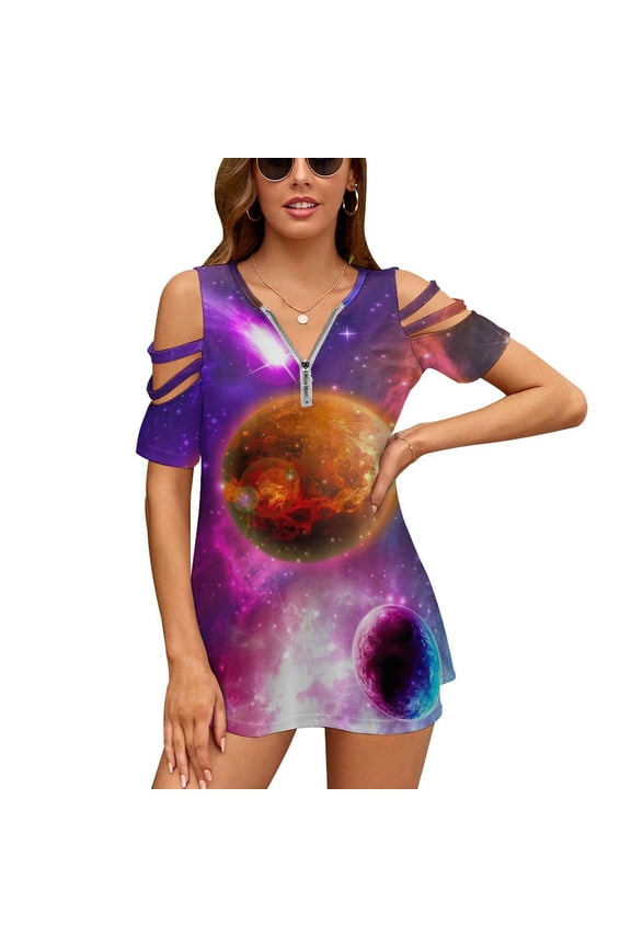 Starry Sky Planet Womens Summer V Neck Zipper Top Short Sleeve T Shirt Off Shoulder Top Casual Classy Loose Shirts