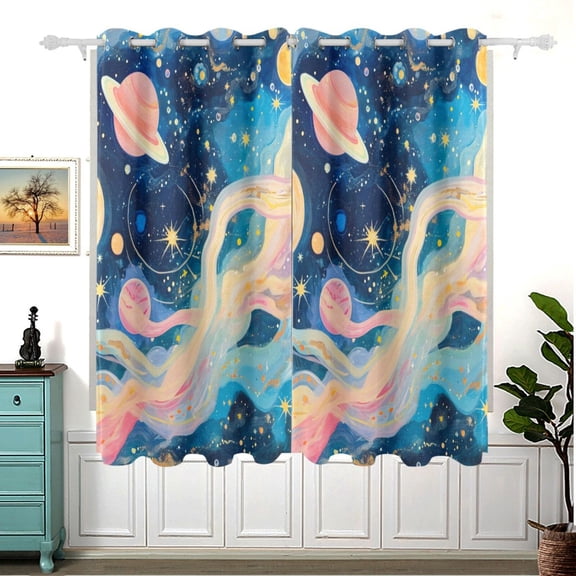 Starry Sky Planets Blackout Curtain Panels 63x55in Drapes Privacy Assured for Living room Bedroom Bathroom 2 panels set