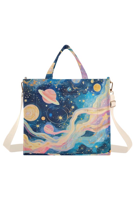 Starry Sky Planets Corduroy Tote Bag Handbag Large Messenger Bag Shoulder Crossbody Zipper Bag Purse