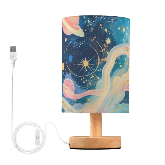Starry Sky Planets Table Lamp USB Bedside Desk Nightstand Lamp Printed Gifts Small Lamp Wood Base for Bedroom Living Room Kids Room College Dorm