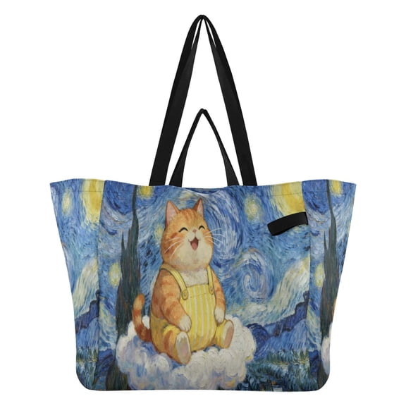 Starry Sky Plump Cat Canvas Tote Bag Large Capacity Reusable Tote with Double Handles, Foldable Heavy Duty Shopping Beach Laundry Bag, 32L
