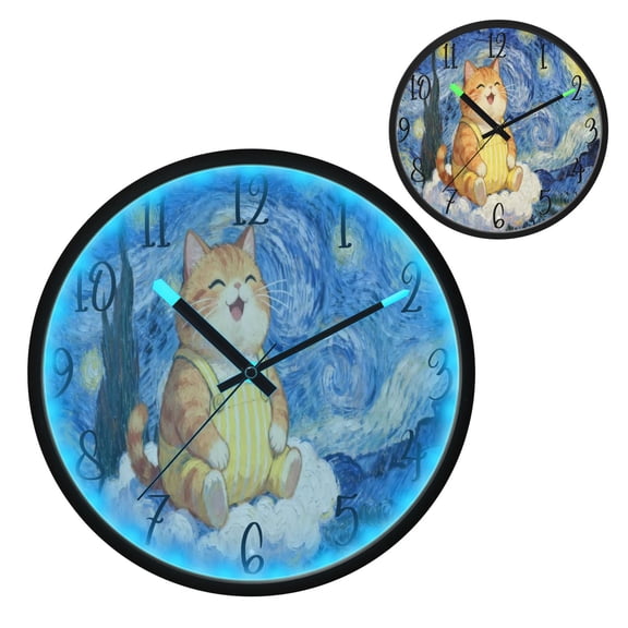 Starry Sky Plump Cat Luminous Wall Clock with Sound-Activated LED 12-Inch Silent Acrylic Timepiece for Bedroom Livingroom or Office