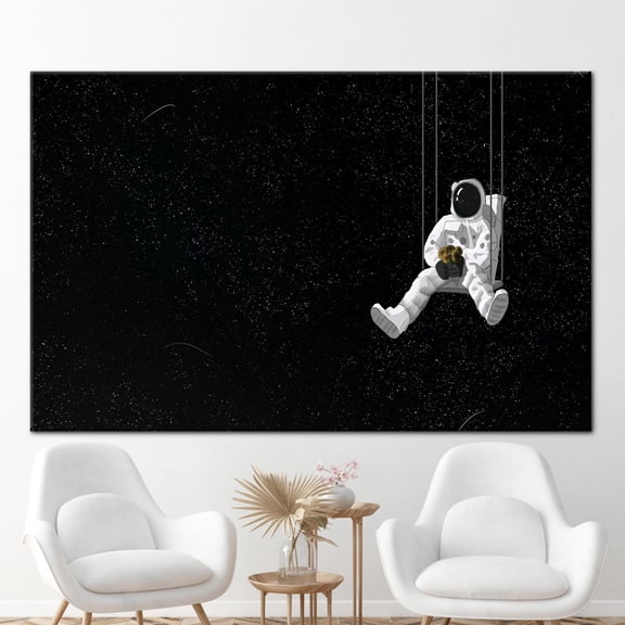 Starry Sky Printed, Astronaut And Sunflowers Artwork, Black Canvas, Sunflower Art Canvas, Astronaut Artwork, Modern Canvas Art, Canvas Wall Decor - 3P-Natural Framed