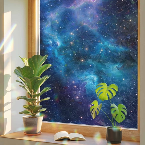 Starry Sky Privacy Window Film, Decorative Stained Glass Window Film, Modern Rustic Blue Purple Ombre Star Night Resuable Rainbow Static Cling for Home Bathroom Living Room Glass Door 23.6"x59"