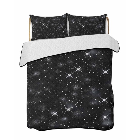 Starry Sky Quilts Bedding Set King Size Stars White Dots Black Background Night Lightweight Quilted Bedspread 3 Piece Bed Quilt with 2 Pillow Shams All Season for Bedroom 90" x 96"