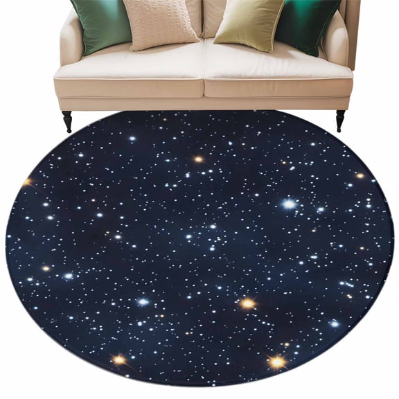 Starry Sky Round Area Rug 5ft Universe Galaxy Shinny Stars Blue Sky Retro Non-Slip Washable Circle Rugs Soft Felt Indoor Floor Mat for Bedroom Kitchen Living Room Bathroom