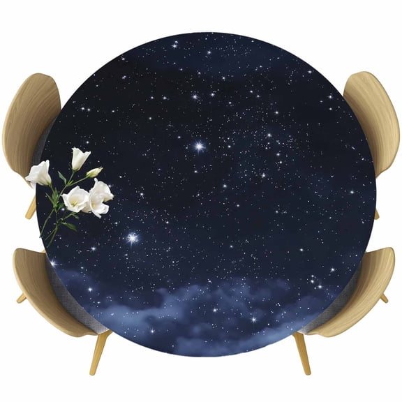 Starry Sky Round Fitted Tablecloth with Elastic Edge, Dreamlike Night Universe Gradient Stretch Table Covers for 36"-44" Tables Wipeable Table Cloth for Outdoor