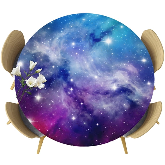 Starry Sky Round Tablecloth 36-44 Inch Round Fitted Table Cloth with Elastic Edge, Galaxy Outer Space Universe Star Night Waterproof Table Cover Protector for Outdoor Picnic Party Dining