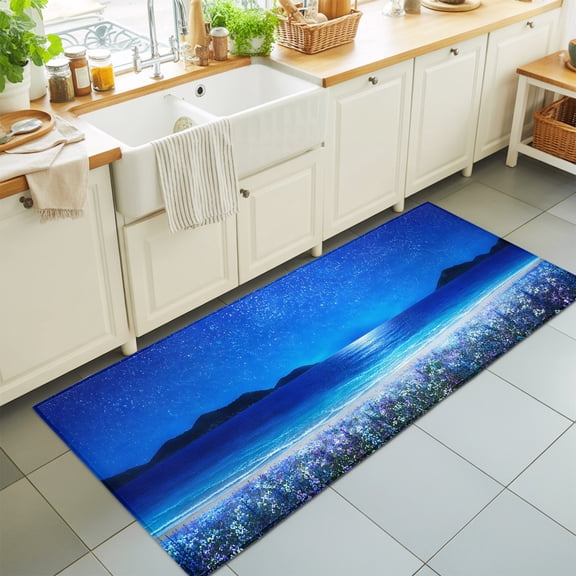 Starry Sky Runner Rug 2'x6' Beach Night Floral Wildflower Field Moonlight Hallway Runner Rugs Washable Non-Slip Bedside Floor Mats Carpet for Kitchen Bedroom Laundry Room Bathroom