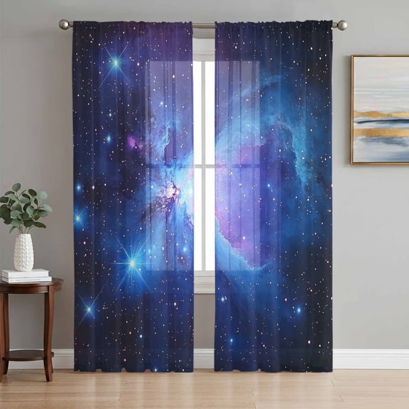 Starry Sky Semi Sheer Curtains 108 Inch Length 2 Panels Set, Modern Minimalism Night Star Scenery Art Sheer Kitchen Curtain Privacy Voile Window Curtain for Living Room Bedroom Rod Pocket Drapes