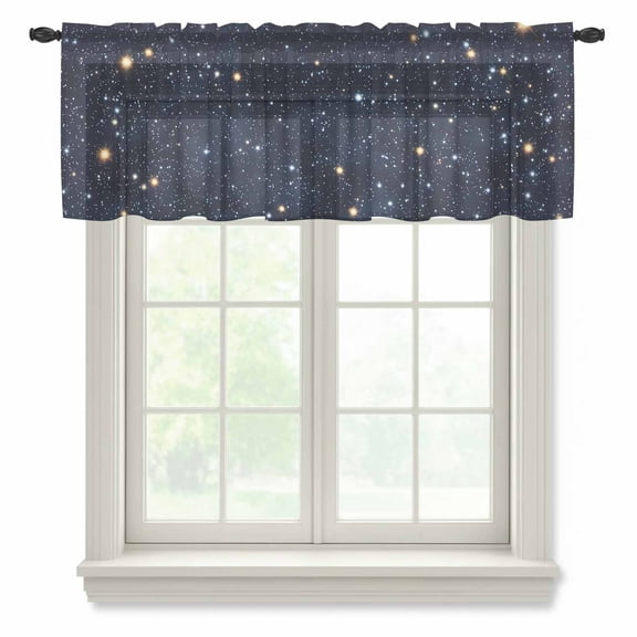 Starry Sky Semi Sheer Valance Curtains Universe Galaxy Shinny Stars Blue Sky Retro Voile Valances Curtain Rod Pocket Small Window Treatment for Kitchen Bathroom Cafe 42"x12"