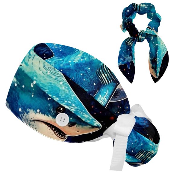 Starry Sky Shark Working Cap with Buttons，Adjustable Surgical Scrub Cap with Bow Hair Scrunchy for Woman
