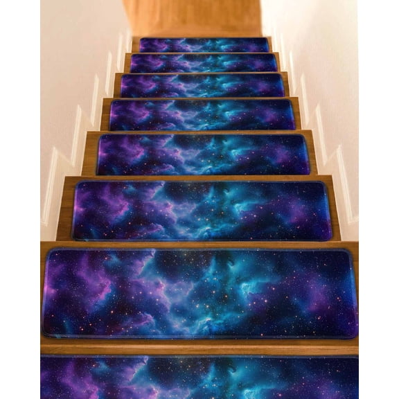 Starry Sky Stair Treads for Wooden Steps Indoor Runner Rug Carpet, Modern Rustic Blue Purple Ombre Star Night 7 Pieces Peel and Stick Staircase Step Treads Covers Washable Throw Door Mats, 30"x8"