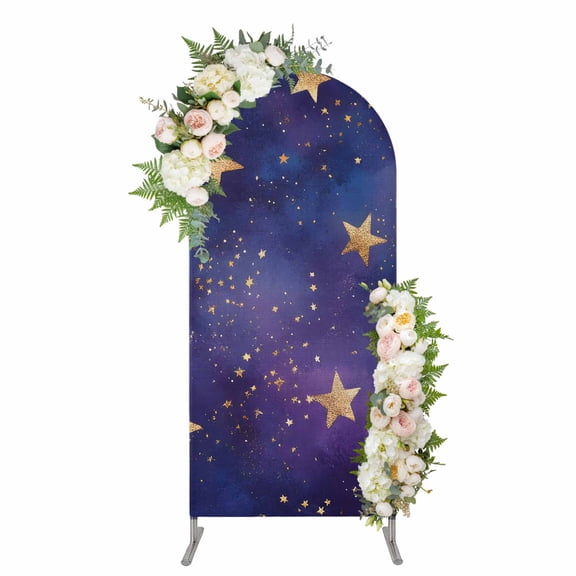 Starry Sky Star Arch Backdrop Cover 5FT, Yellow Purple Stars Spandex Fitted Stretchy Arch Stand Covers, Round Top Chiara Backdrop Cover for Wedding Party Birthday Baby Shower