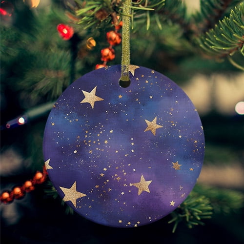 Starry Sky Star Vintage Ceramic Ornaments, Yellow Purple Stars Round Porcelain Hanging Ornaments with Gold String, Xmas Decorations Keepsake Gifts for Holiday Home Party 3''