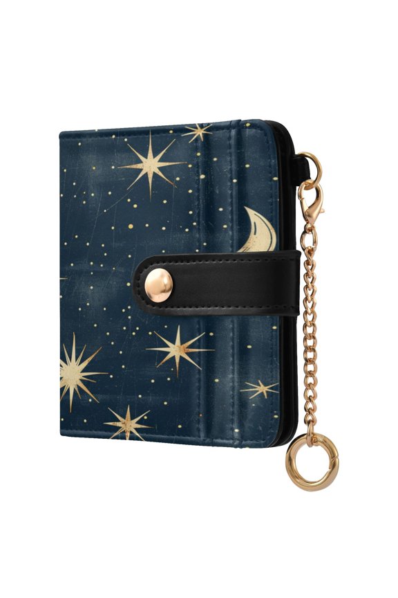 Starry Sky Stars and Moon Women's Wallet PU Leather Card Cases RFID Blocking Purse Billfold with Key Ring