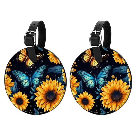 Starry Sky Sunflower Butterfly 2pcs PU Leather Round Bag Tags with Privacy Cover and Name ID Tag - Suitcase Tags for Travel Luggage, Handbags, Backpacks, School Bags