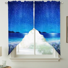 Starry Sky Swag Kitchen Curtain Valances, Beach Night Floral Wildflower Field Moonlight Rod Pocket Curtains Window Treatment Decor Valances for Bedroom Bathroom, 2 Panels 28 x 36 Inch