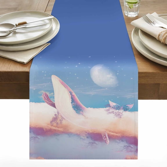 Starry Sky Table Runner 13x36 inch Whale Fantasy Galaxy Clouds Cotton Linen Dining Table Runner Ideal for Dresser Kitchen Coffee Tables - Machine Washable
