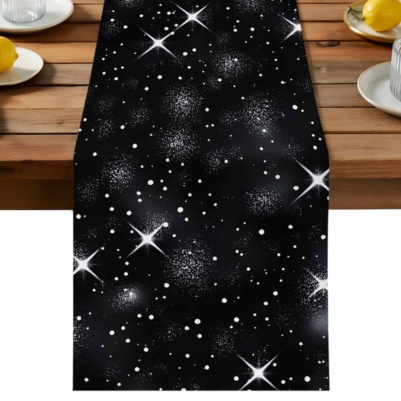 Starry Sky Table Runner, Stars White Dots Black Background Night Cotton Linen Table Cloth, Tablerunner for Kitchen Dining Party Wedding Home Decor 13x36 Inch