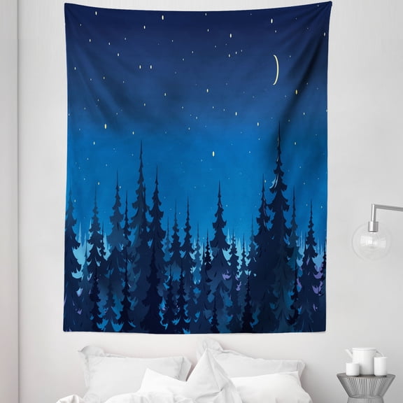 Starry Sky Tapestry, Cartoon Landscape of Spruce Forest and Night with Crescent Moon, Fabric Wall Hanging Decor for Bedroom Living Room Dorm, 5 Sizes, Night Blue and Pale Yellow, by Ambesonne